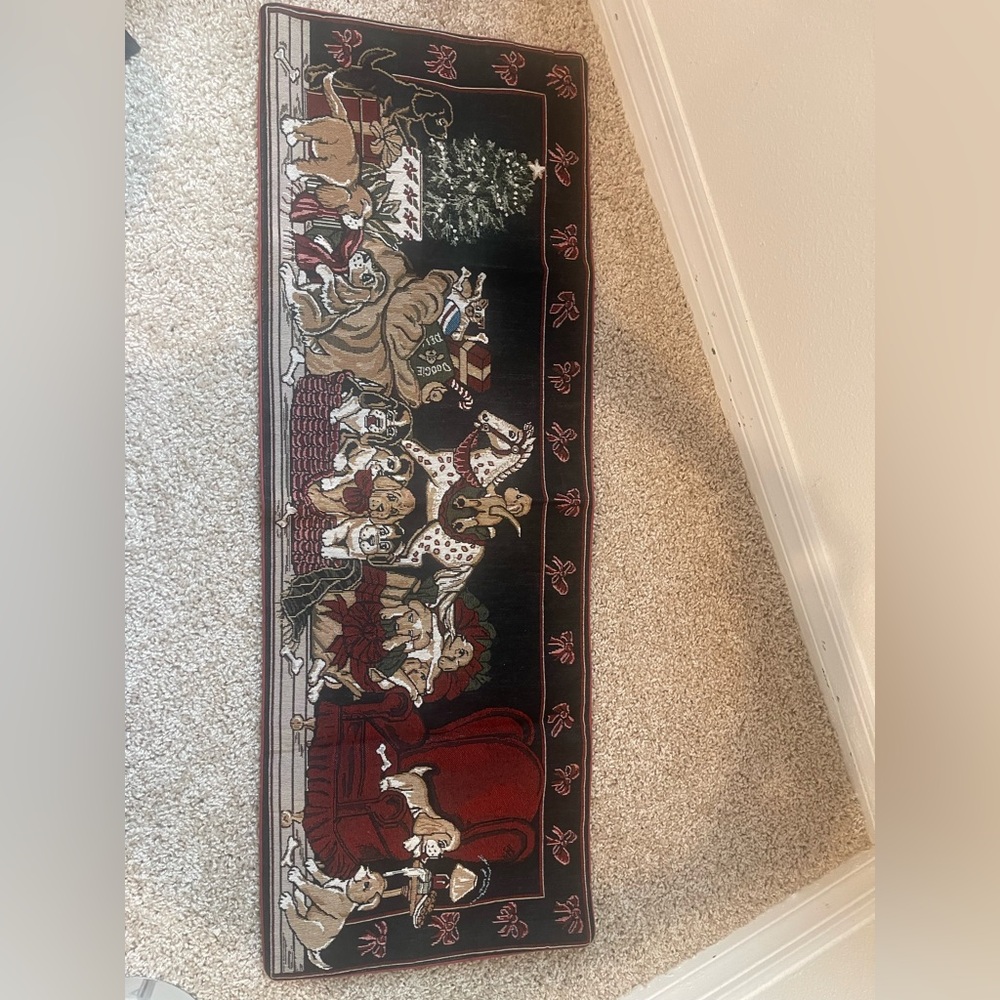 Festive Holiday Table Runner with Dogs and Christmas Tree